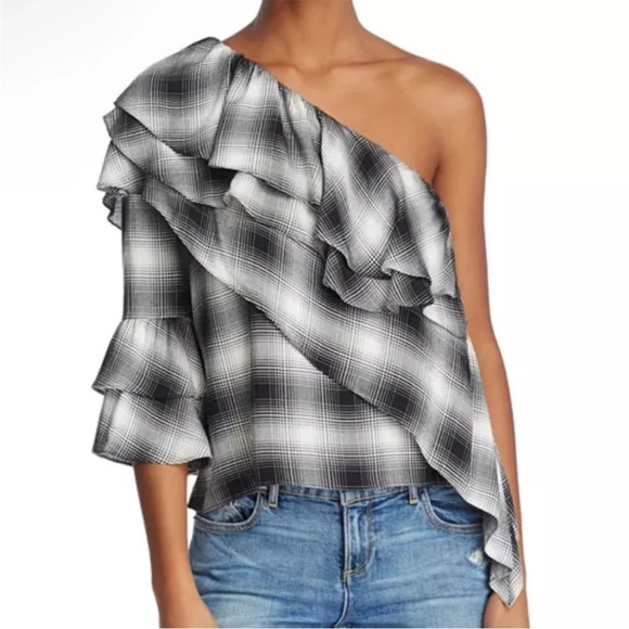 Alice + Olivia Hilaria One-Shoulder Plaid Ruffle Blouse - Picture 1 of 6
